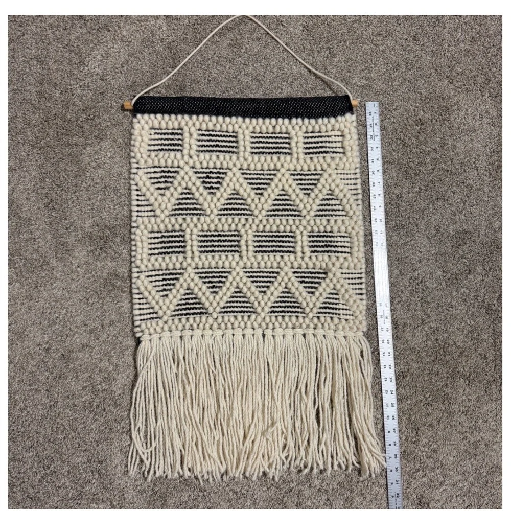 Boho Woven Wall Hanging Cream Black Geometric Textured Fringe Tapestry Art 18x30